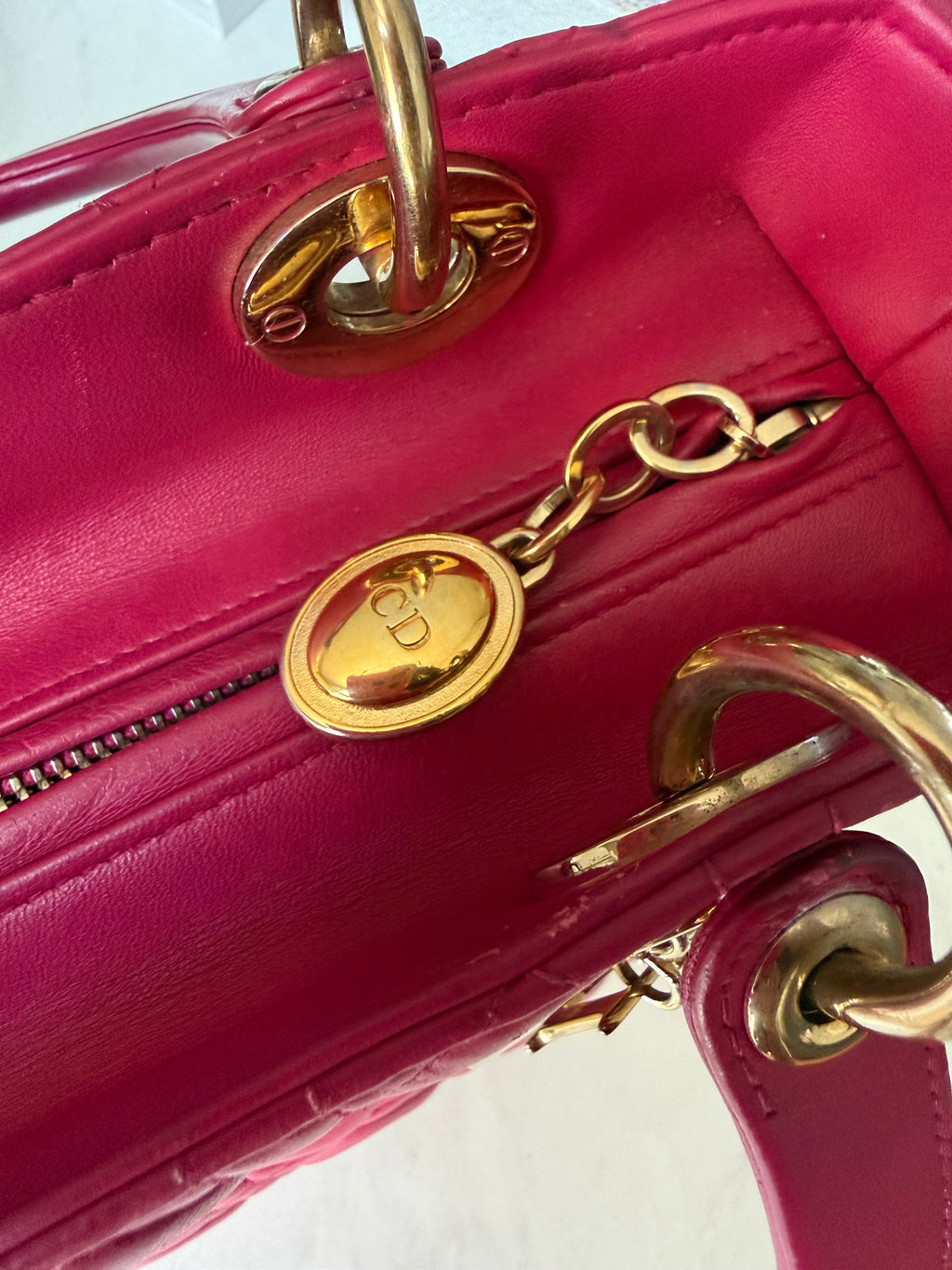 Preloved Christian Dior Lambskin Cannage Medium Lady Dior Fuchsia