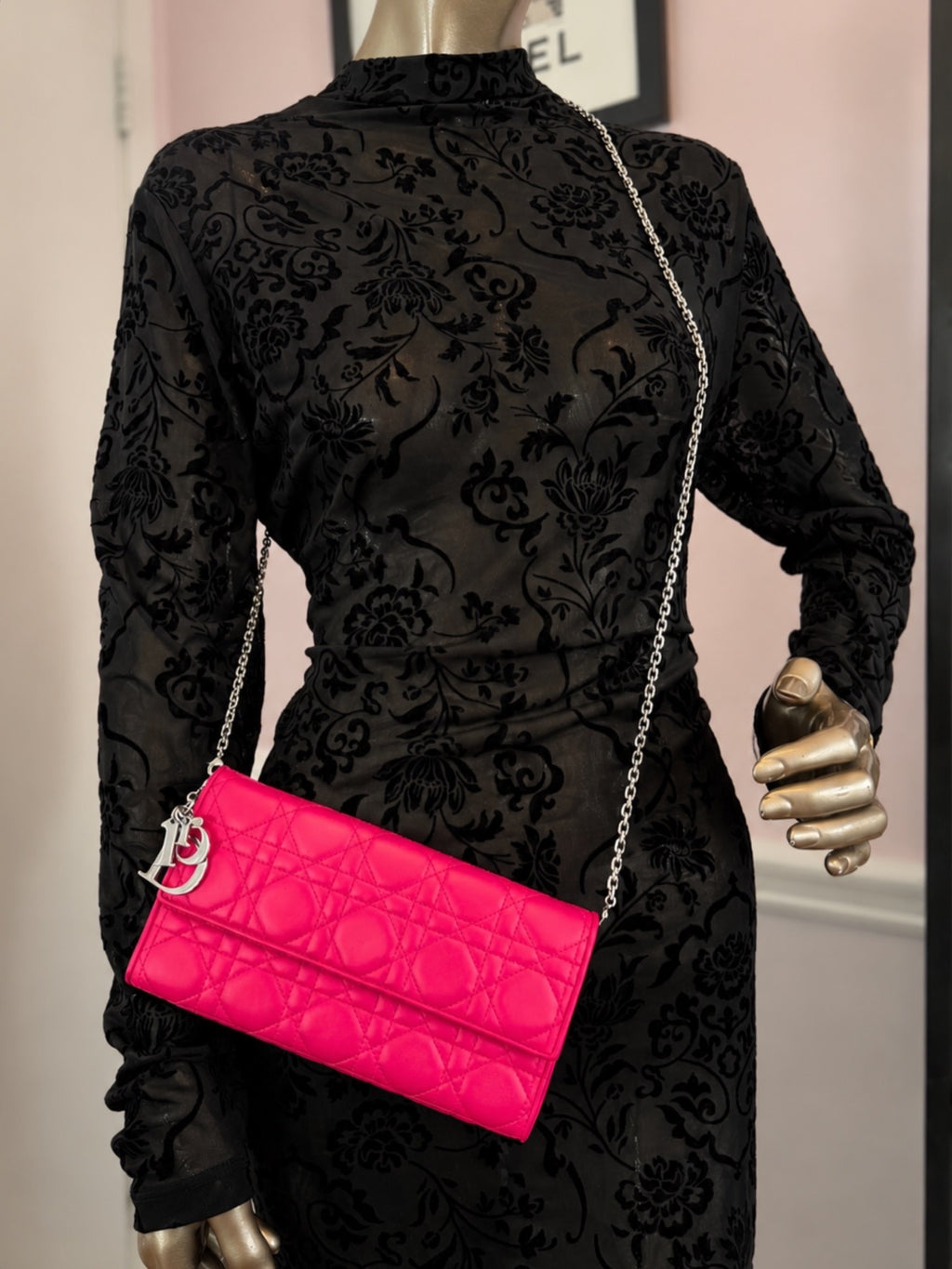 Pink Dior Cannage Wallet On Chain