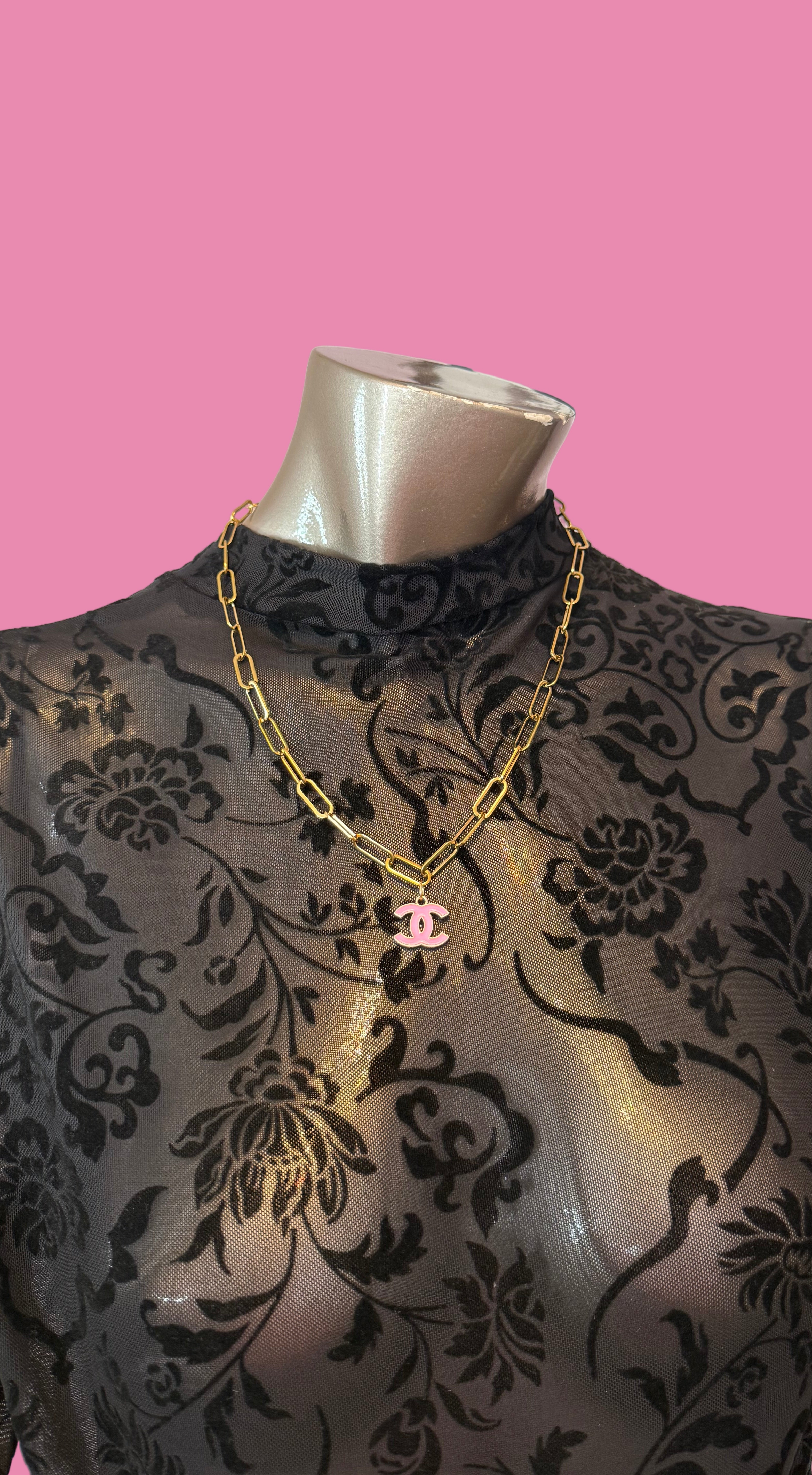 Upcycled Pink CC Charm on Large Paper Clip Chain