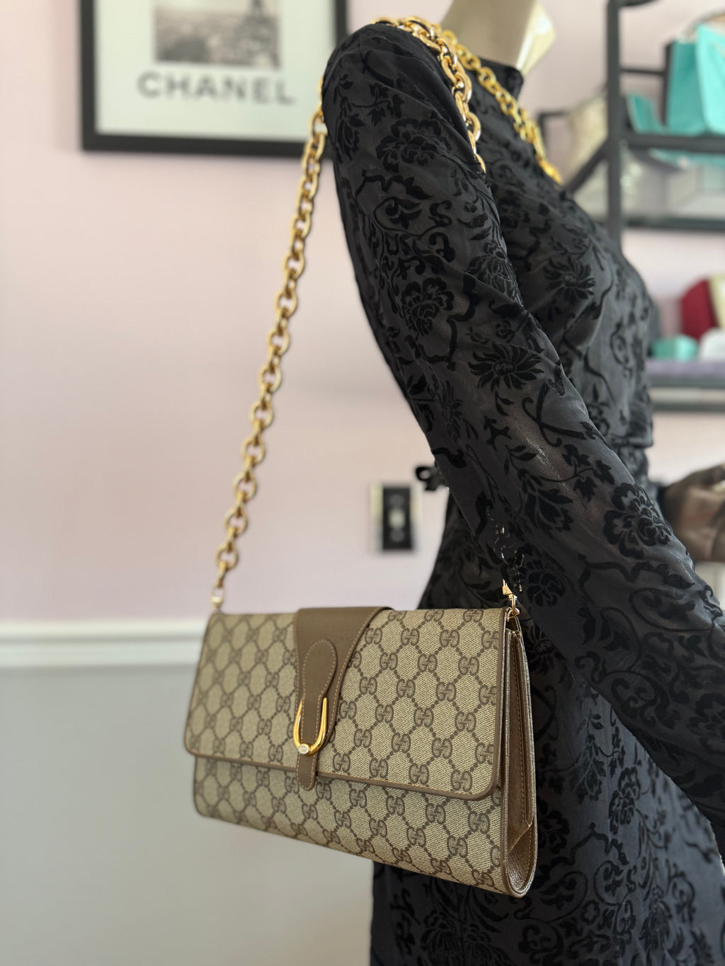 Gucci Clutch W/ added Chunky Gold Chain