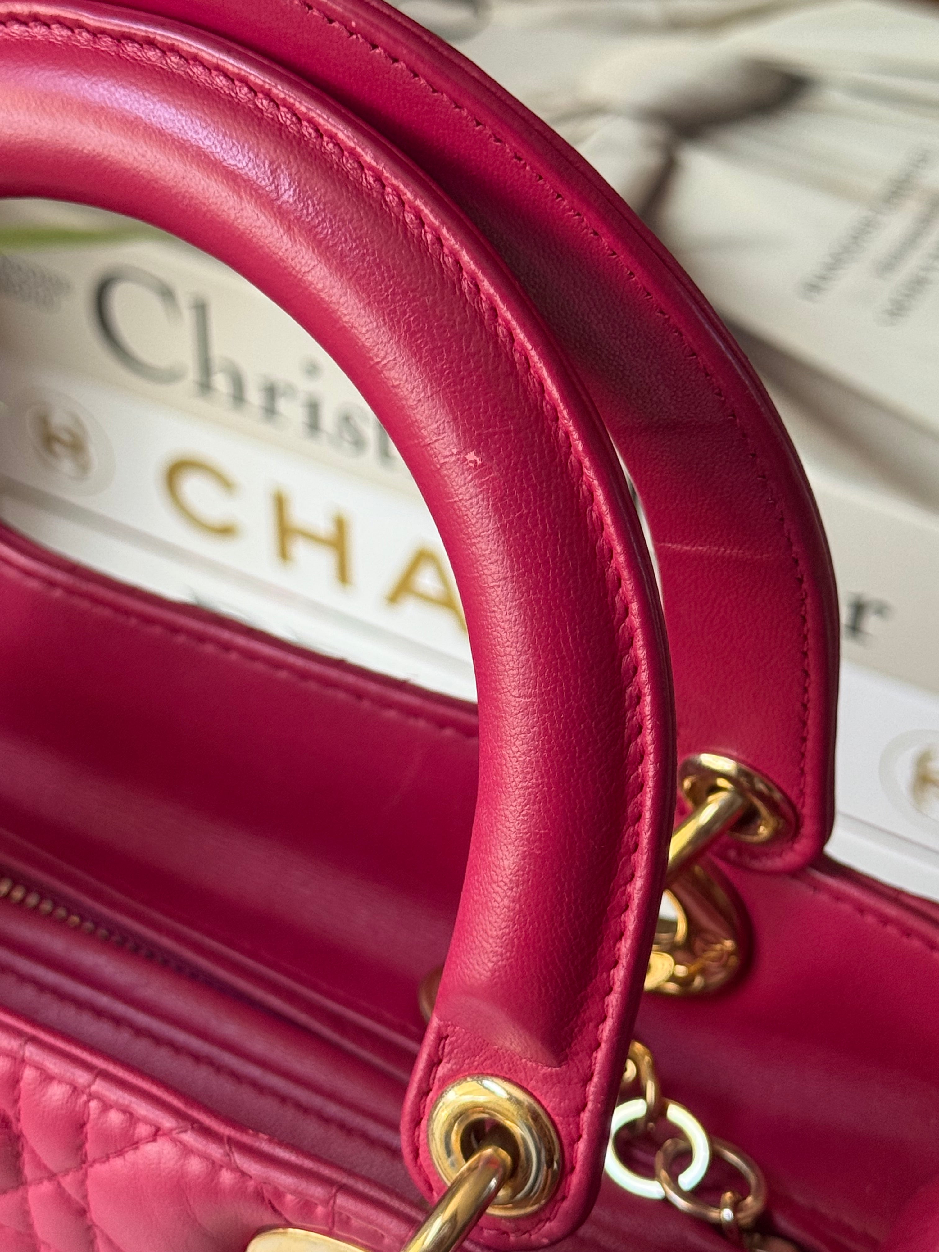 Preloved Christian Dior Lambskin Cannage Medium Lady Dior Fuchsia