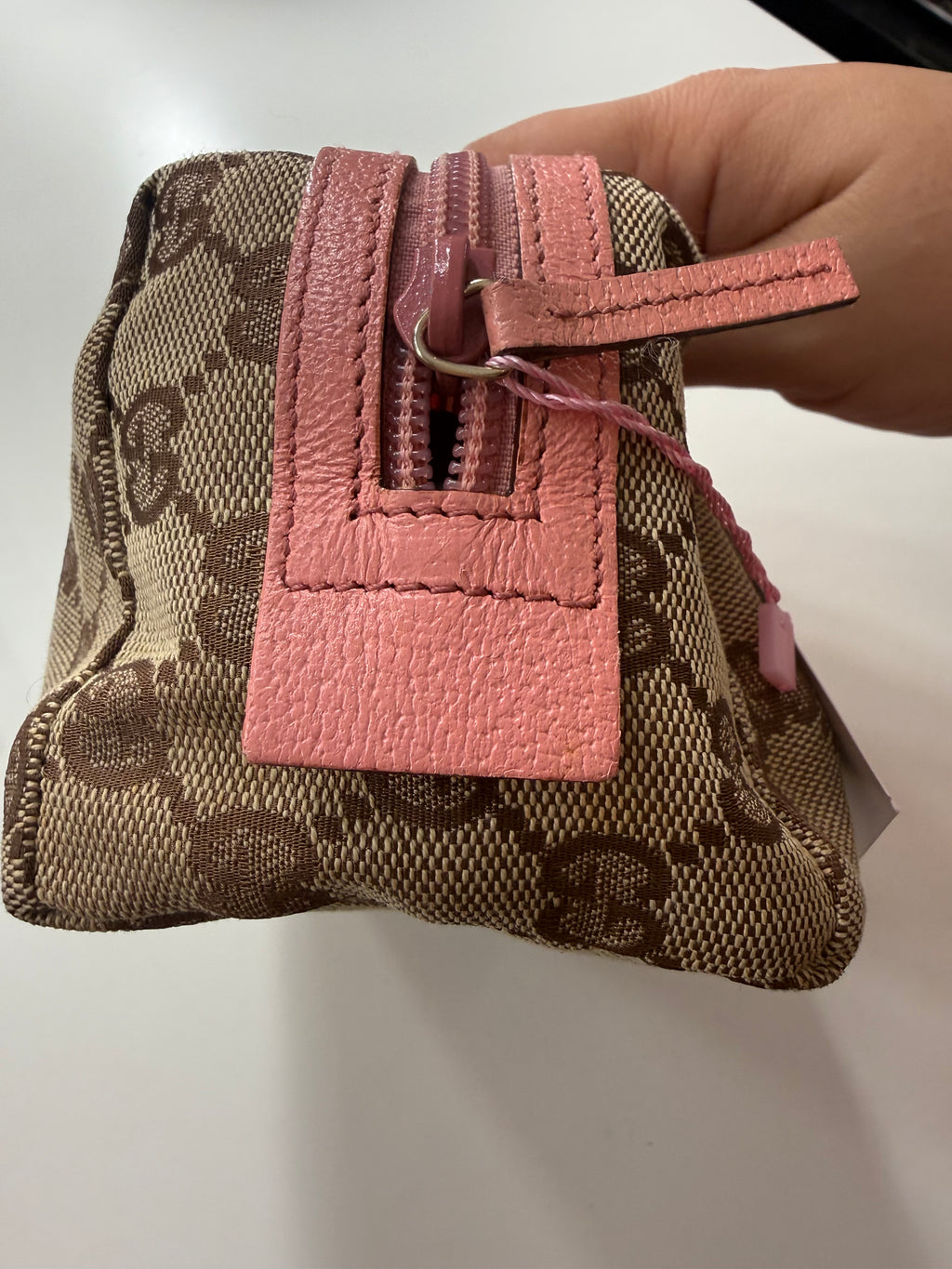 Small Gucci Canvas Makeup Bag with Pink leather trim