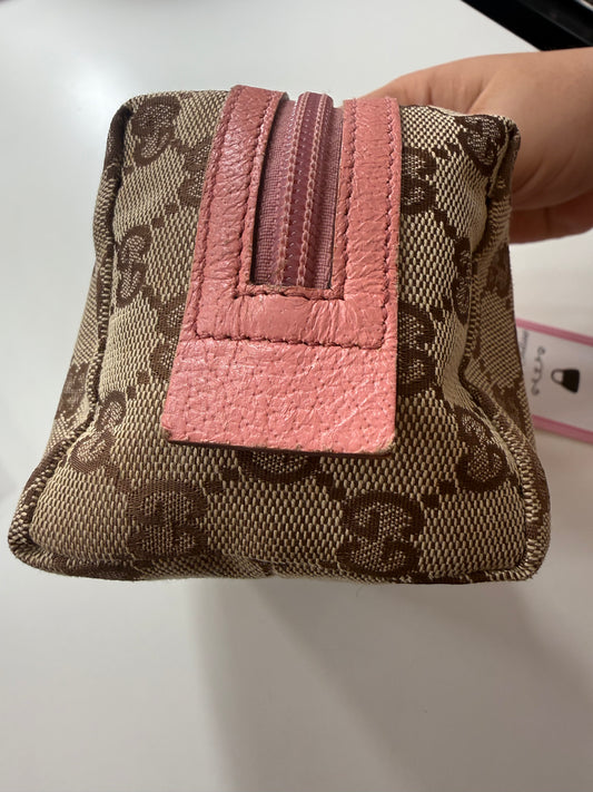 Small Gucci Canvas Makeup Bag with Pink leather trim