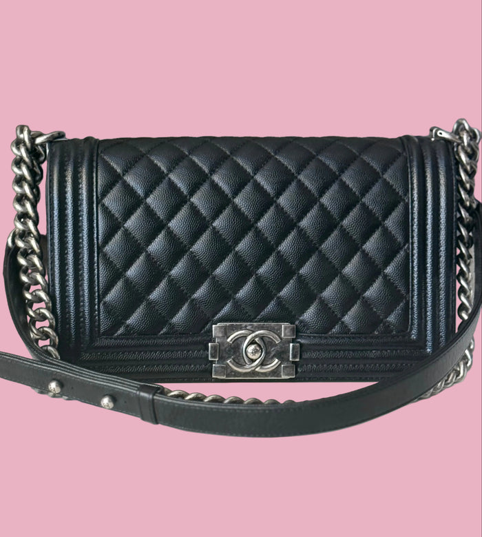 Preloved Chanel Black Quilted Caviar Boy Medium Ruthenium Hardware