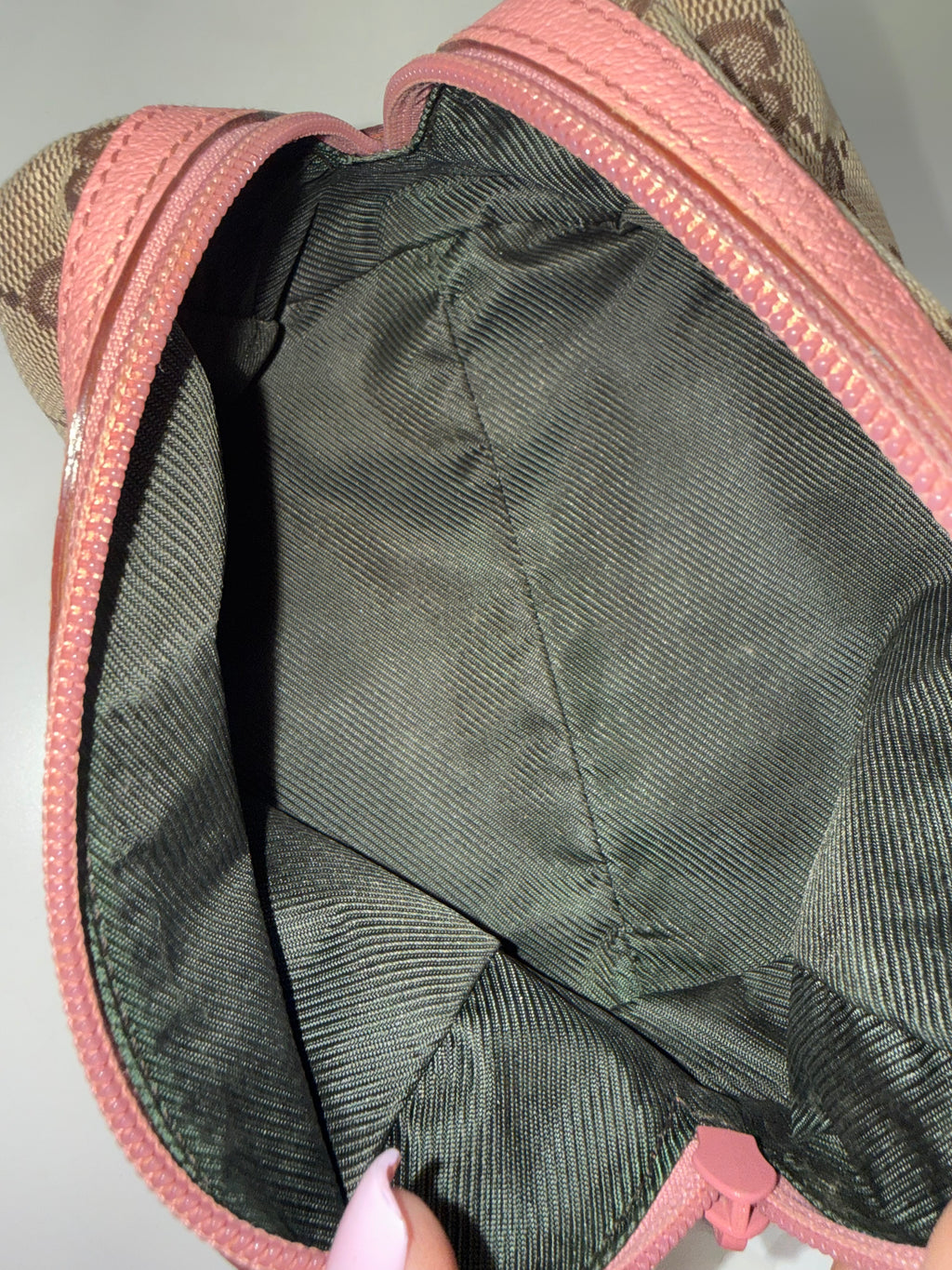 Small Gucci Canvas Makeup Bag with Pink leather trim