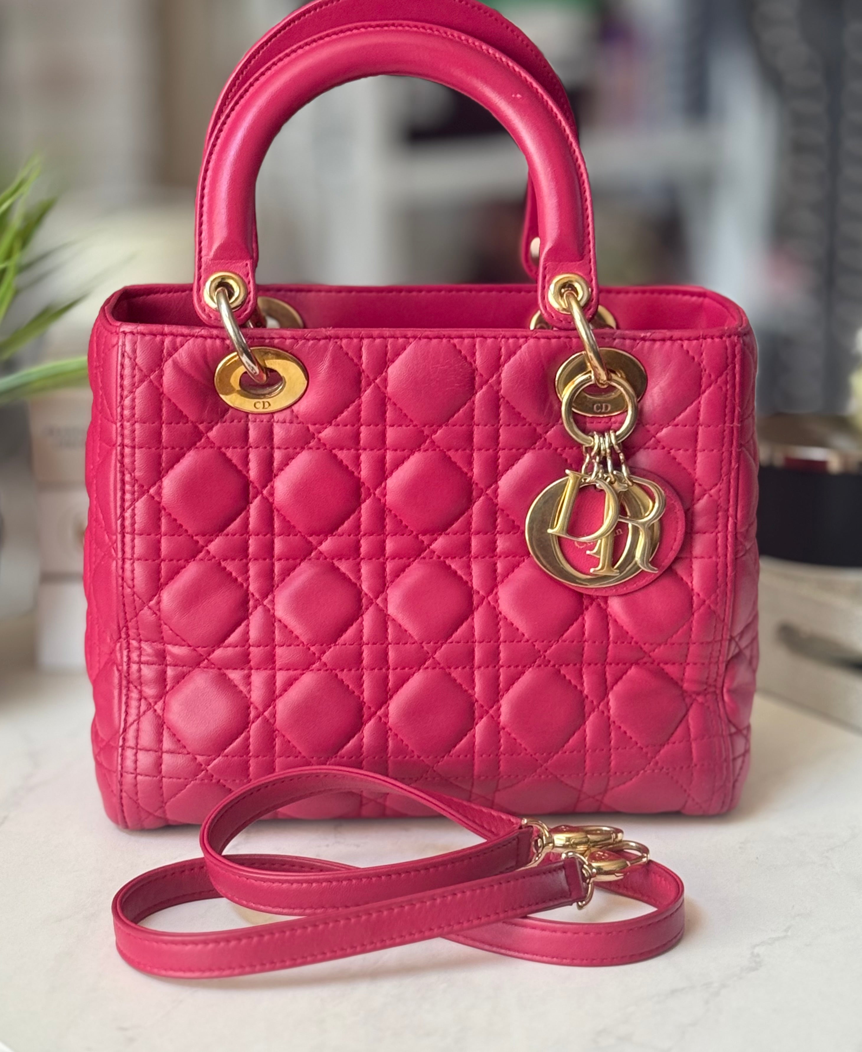 Preloved Christian Dior Lambskin Cannage Medium Lady Dior Fuchsia
