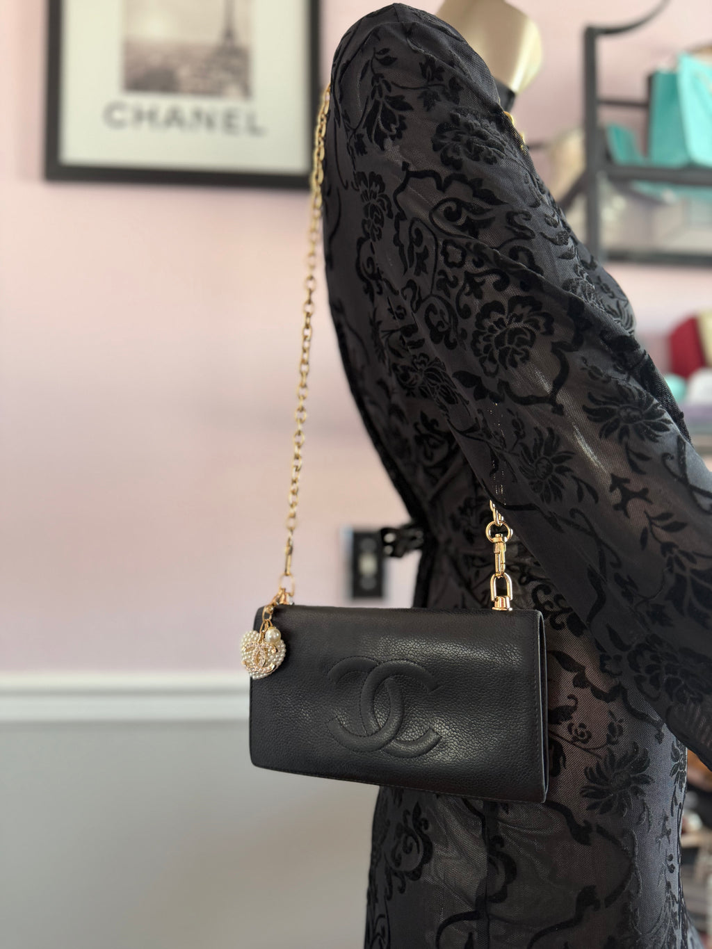 Black Chanel Calfskin Wallet w/ Chain