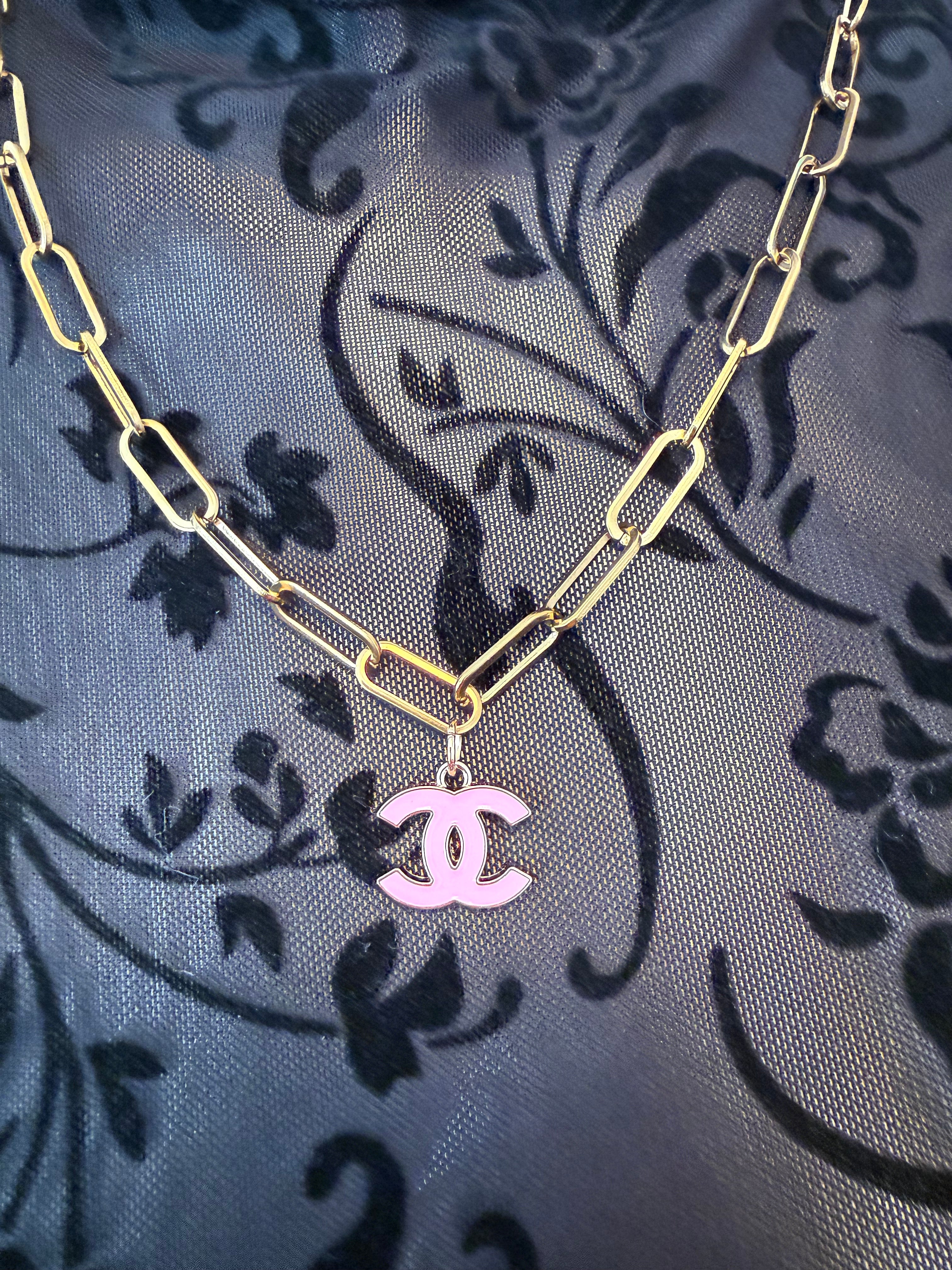 Upcycled Pink CC Charm on Large Paper Clip Chain