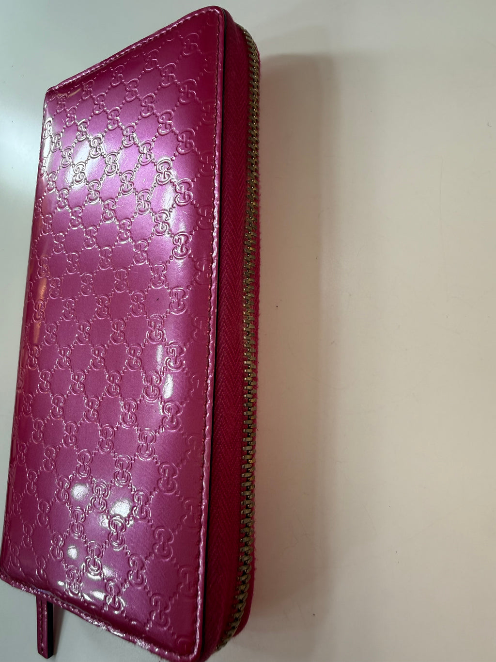 Pink Gucci Zip Wallet Micro Guccissima Patent Leather