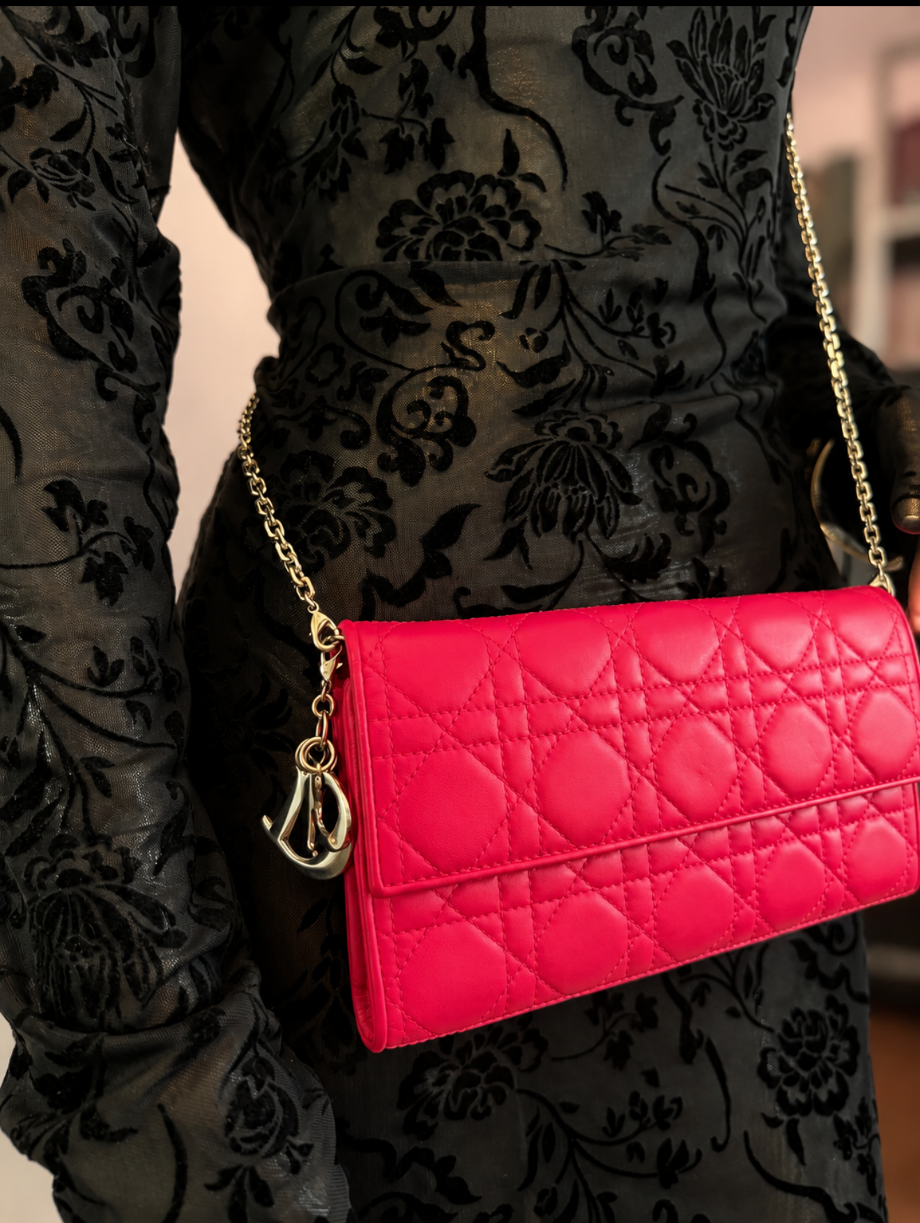Pink Dior Cannage Wallet On Chain