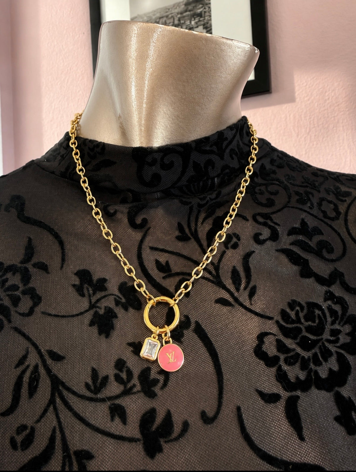 Repurposed LV Pink Charm Necklace