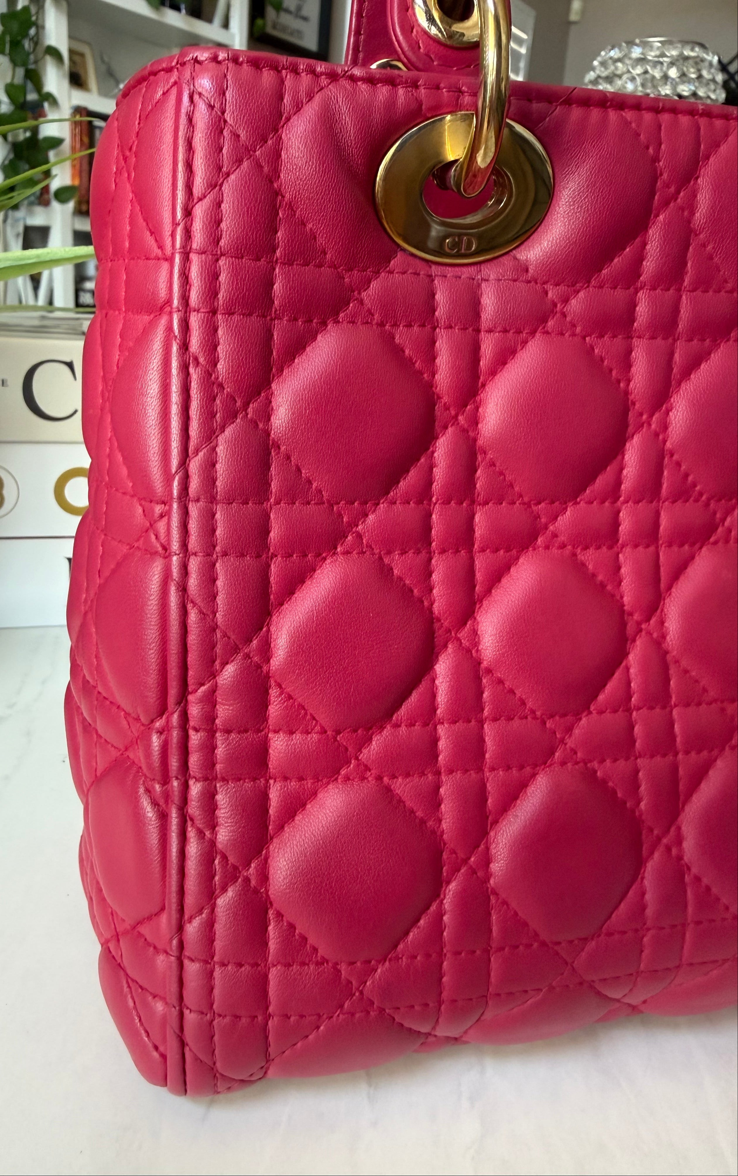 Preloved Christian Dior Lambskin Cannage Medium Lady Dior Fuchsia