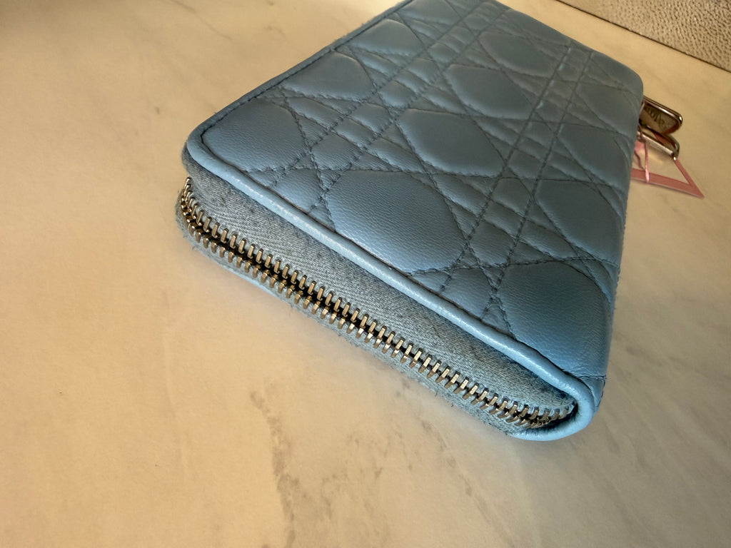Light Blue Dior Cannage Zippy Wallet