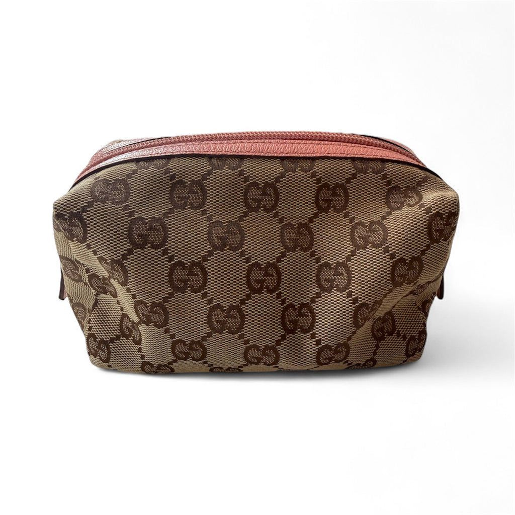 Small Gucci Canvas Makeup Bag with Pink leather trim