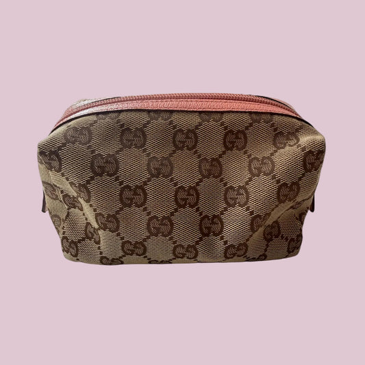 Small Gucci Canvas Makeup Bag with Pink leather trim